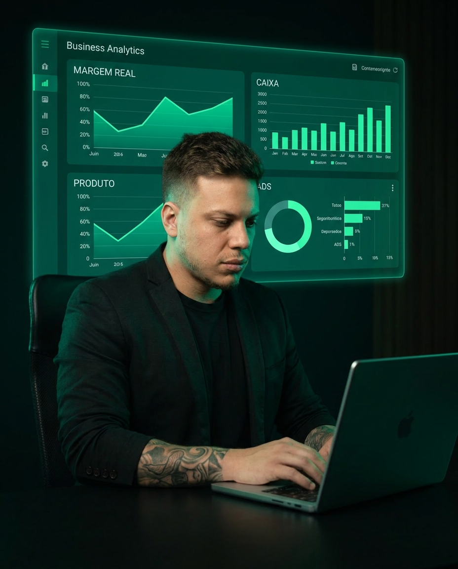 Robson analisando o diagnóstico SOLI no notebook, com os painéis de margem, caixa, produto e Ads